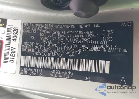2008 Toyota Sienna Ce/Le from USA, damaged, VIN 5TDZK23C78S184803
